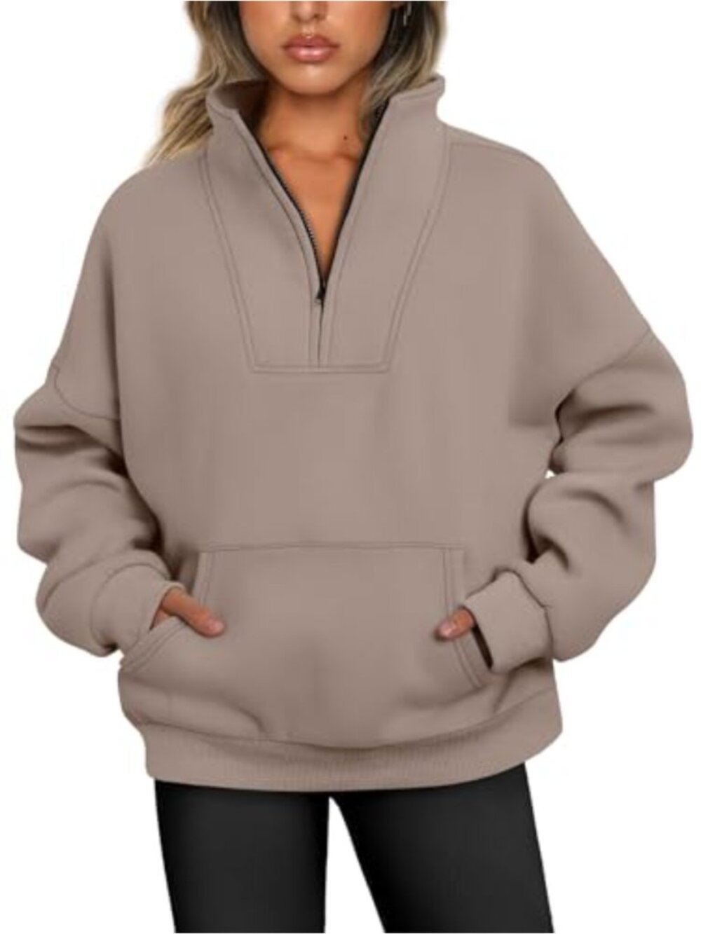 Quarter Zip Fleece Lined Pullover Sweatshirt Kangaroo Pocket Loose Fit